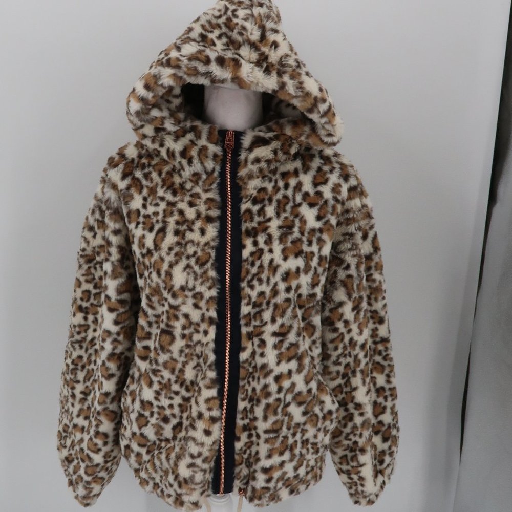 Lucky Brand Leopard Print Bomber Style Full Zip Faux Fur Jacket Size Large NWT